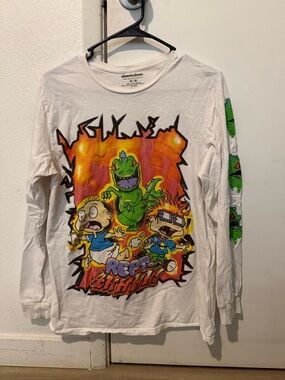 Nickelodeon White Long Sleeve Rugrats Graphic Tee with Green Reptar